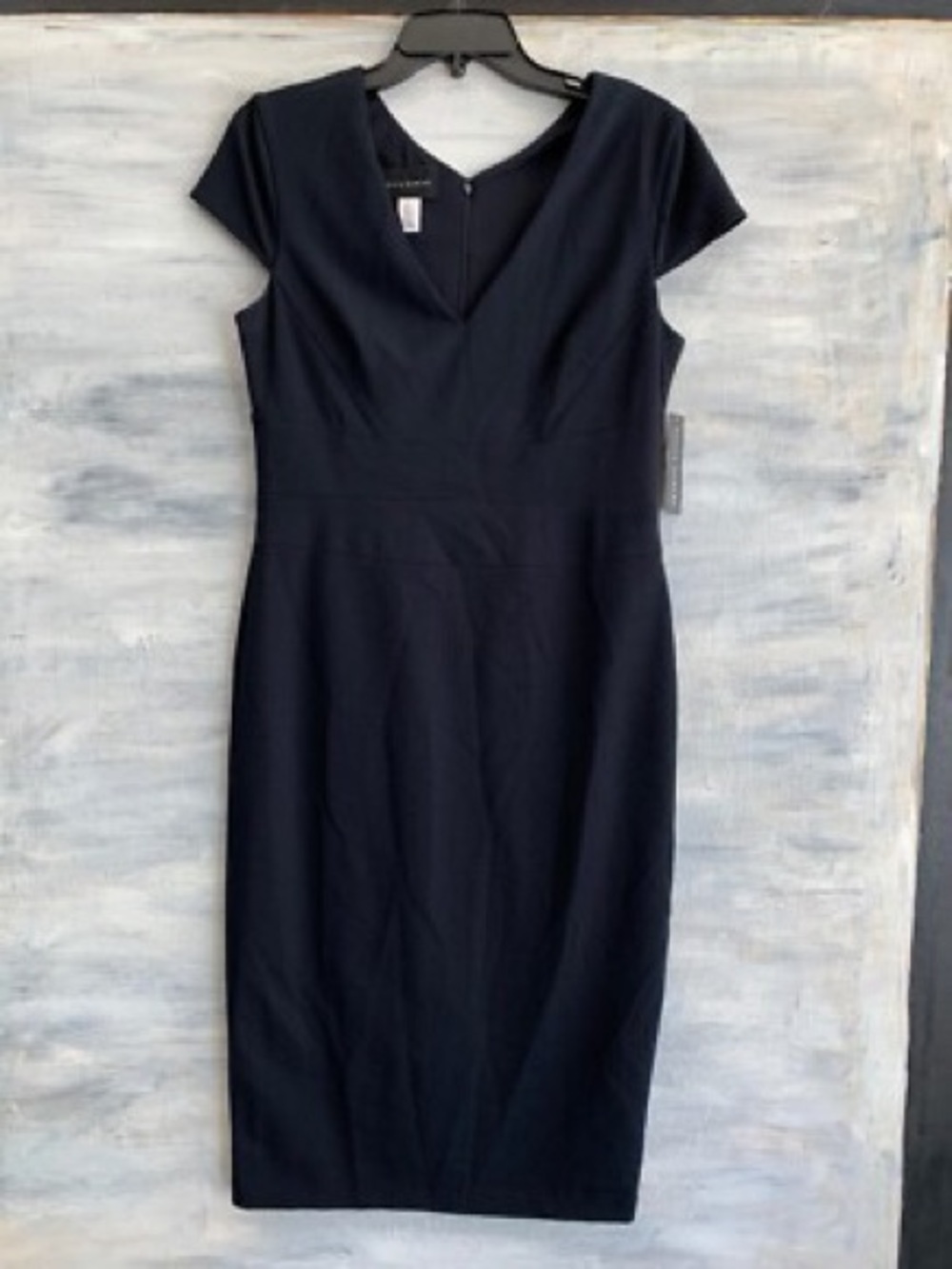 NWT Donna Morgan Navy Blue Crepe Sheath Dress Size 14 Cap Sleeve Career Cocktail